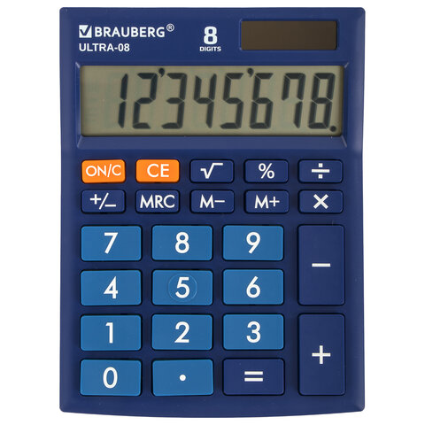 Калькулятор настольный BRAUBERG ULTRA-08-BU, компактный (154х115 мм), 8 разрядов, синий, 250508